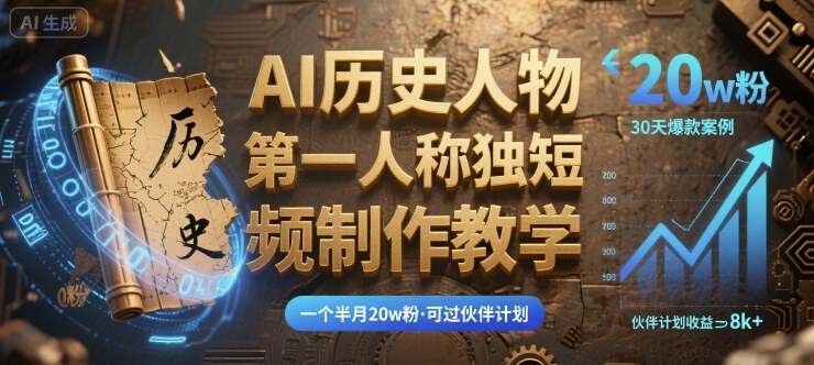 最新AI历史人物第一人称独白短视频制作教学，一个半月20w粉，可过伙伴计划-小白项目网
