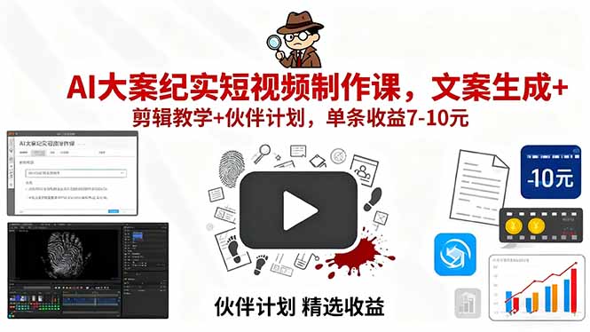 AI大案纪实短视频制作课，文案生成+剪辑教学+伙伴计划，单条收益7-10元-小白项目网