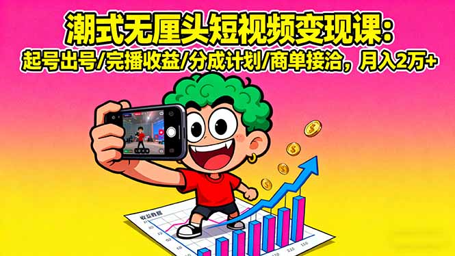 潮式无厘头短视频变现课：起号出号/完播收益/分成计划/商单接洽，月入2万+-小白项目网