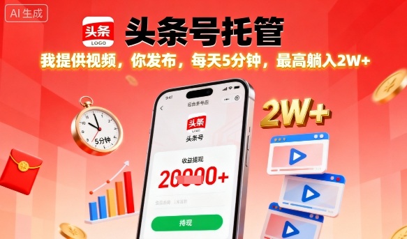 【头条号托管】我提供视频，你发布，每天5分钟，最高躺入2W+【揭秘】-小白项目网