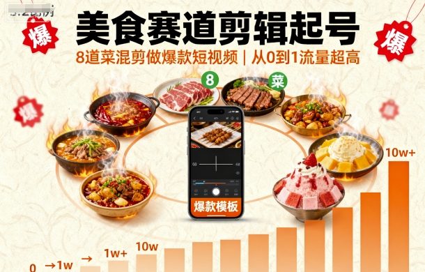 美食赛道剪辑起号，8道菜混剪做爆款短视频，从0到1，流量超高-小白项目网