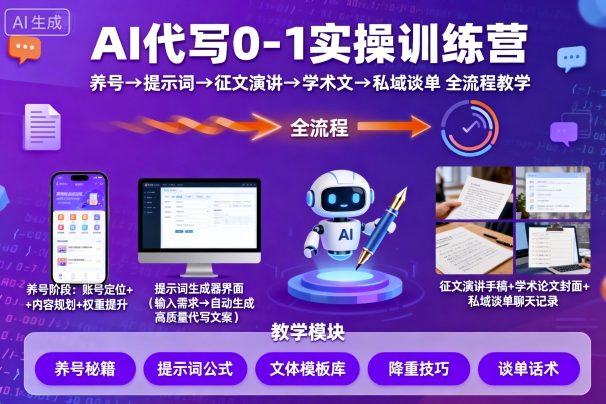 AI代写0-1实操训练营，从养号、提示词、征文演讲、学术文，到私域谈单的全流程教学-小白项目网