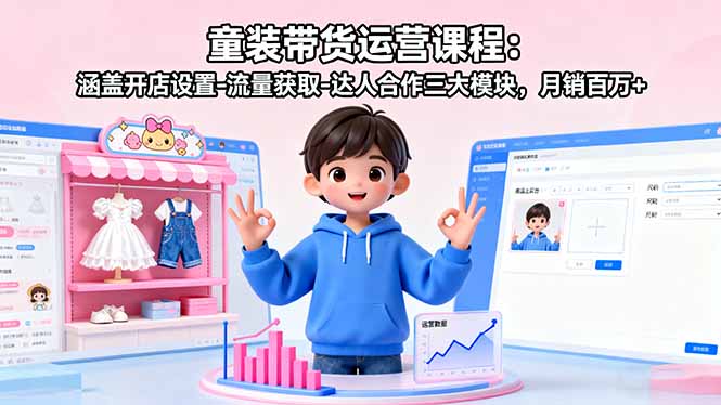 童装带货运营课程：涵盖开店设置-流量获取-达人合作三大模块，月销百万+-小白项目网