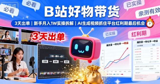 B站好物带货，3天出单，新手月入1W实操拆解，AI生成视频，抓住平台红利期最后机会-小白项目网