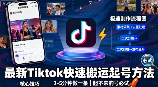 最新Tiktok快速搬运快速起号方法，3-5分钟做一条，起不来的号可以试试-小白项目网