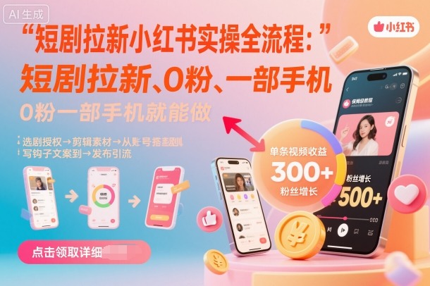 短剧拉新小红书实操全流程，0粉一部手机就可以做，详细教程-小白项目网